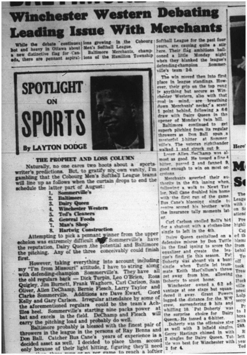 1964-06-03 Softball - Mens - Winchester Western - Cobourg Merchants