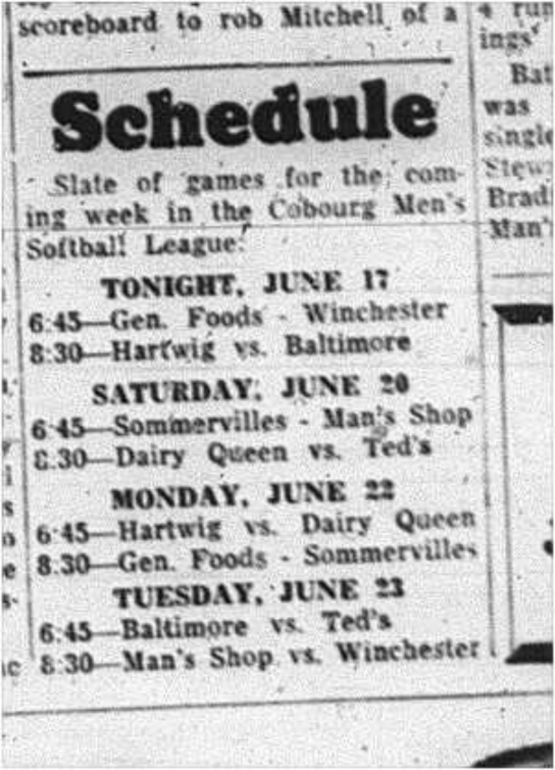 1964-06-17 Softball - Mens - Schedule