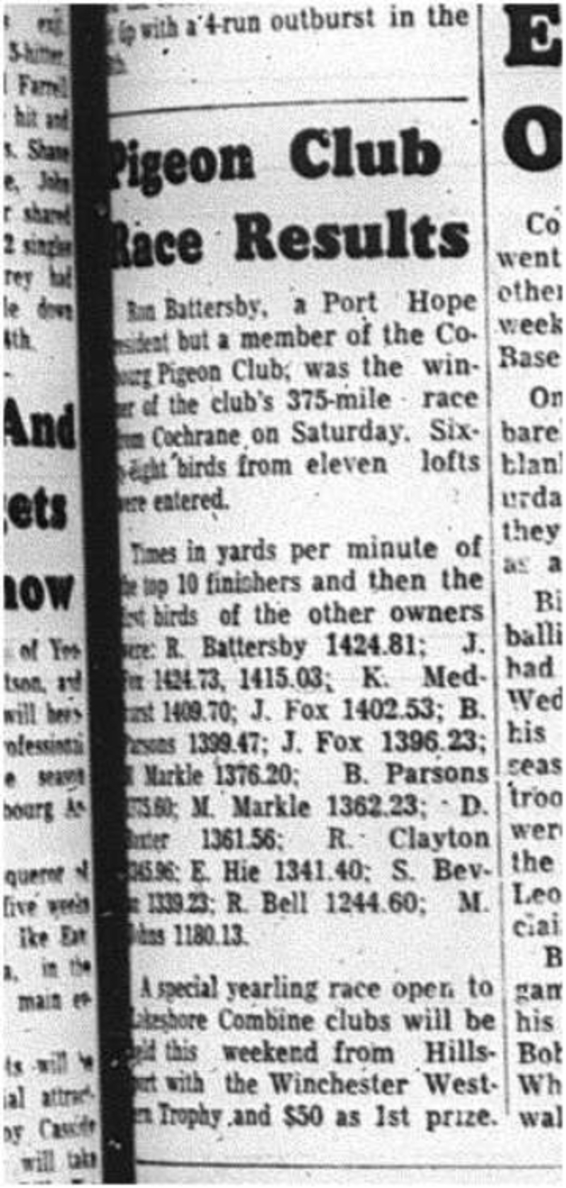1964-07-01 Pigeon Racing - Mens - Cobourg Pigeon Club - Ron Battersby