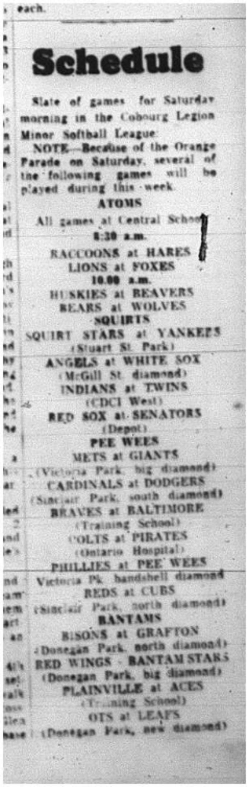 1964-07-08 Softball - Boys - Legiopn Minor League - Schedule