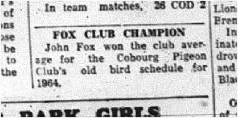 1964-07-15 Pigeon Racing - John Fox - Cobourg Pigeon Club