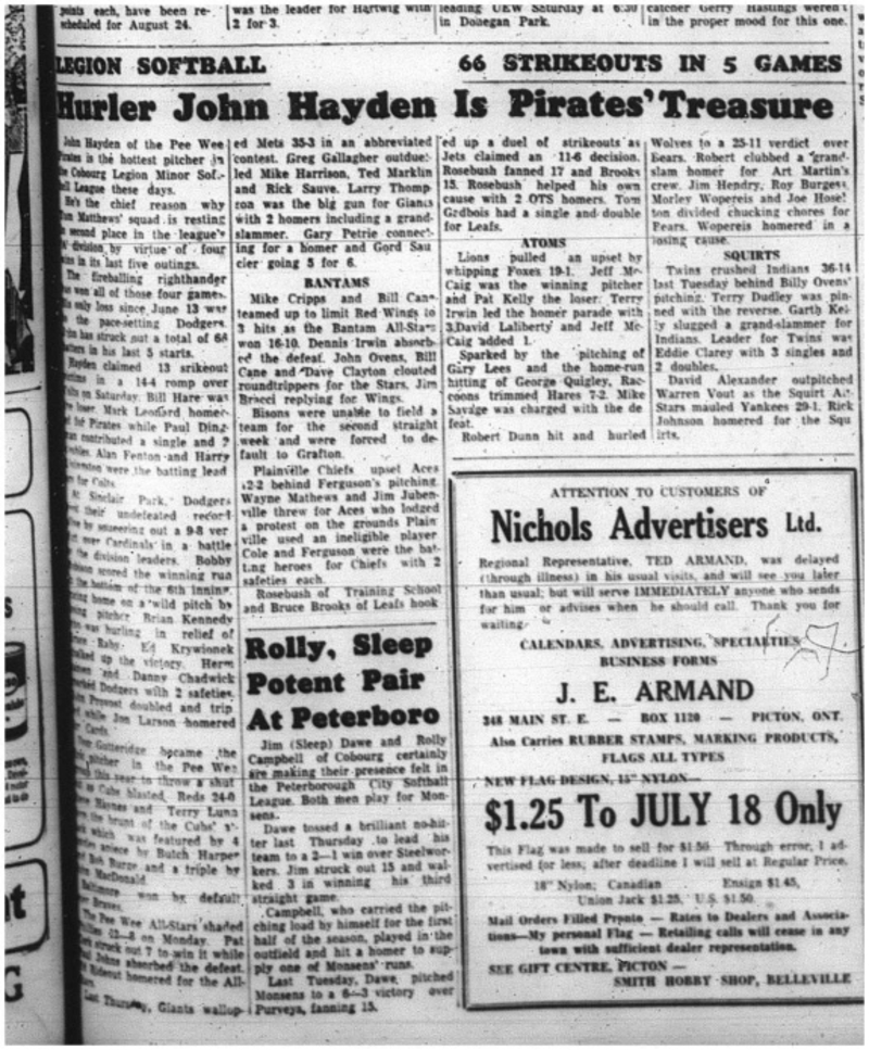 1964-07-15 Softball - Boys - Cobourg Legion Minor Softball - John Hayden