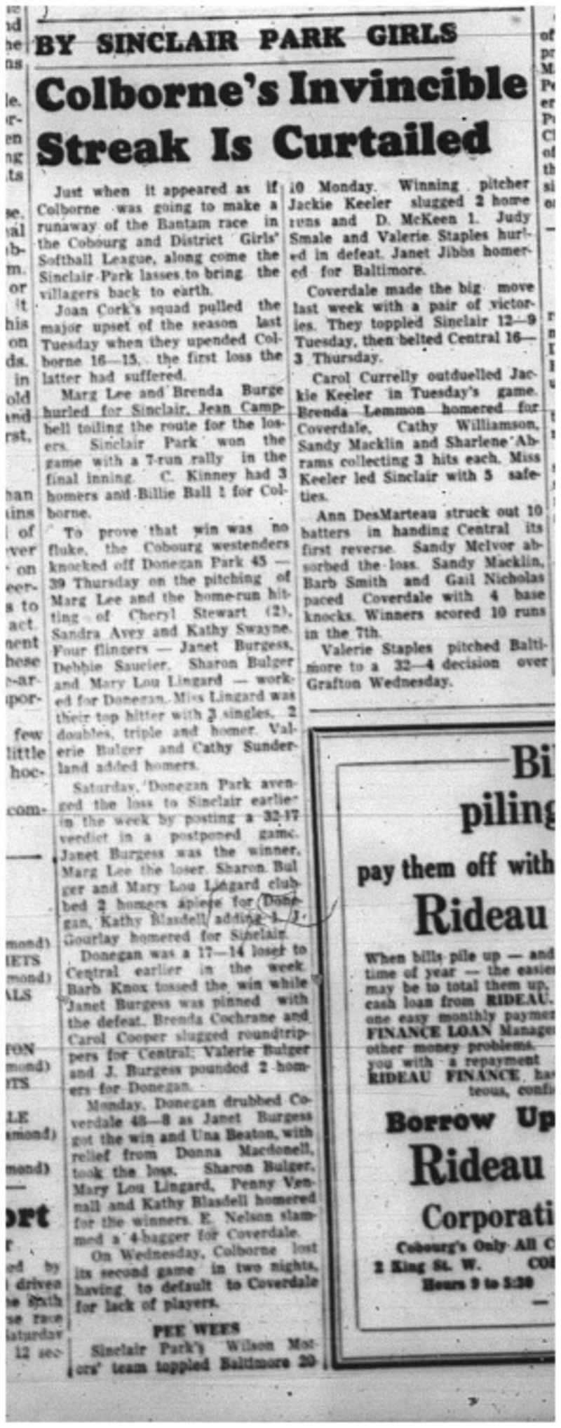 1964-07-15 Softball - Girls - Cobourg and District Girls Softball League