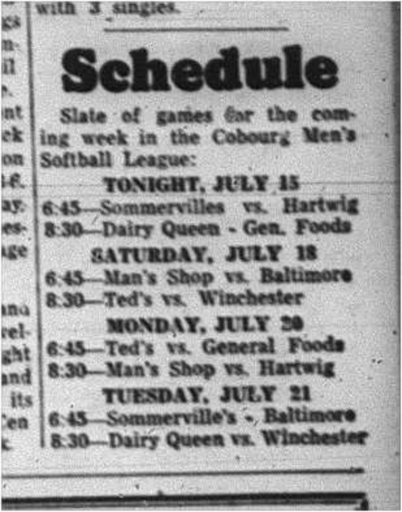 1964-07-15 Softball - Mens - Schedule