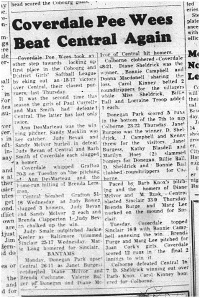 1964-07-22 Softball - Girls - Cobourg and district Girls Softball League