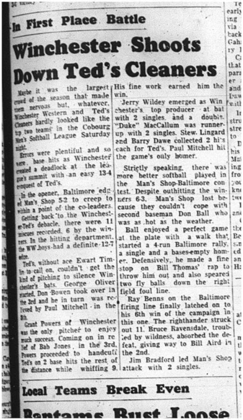 1964-07-22 Softball - Mens - Winchester Vs. Teds Cleaners
