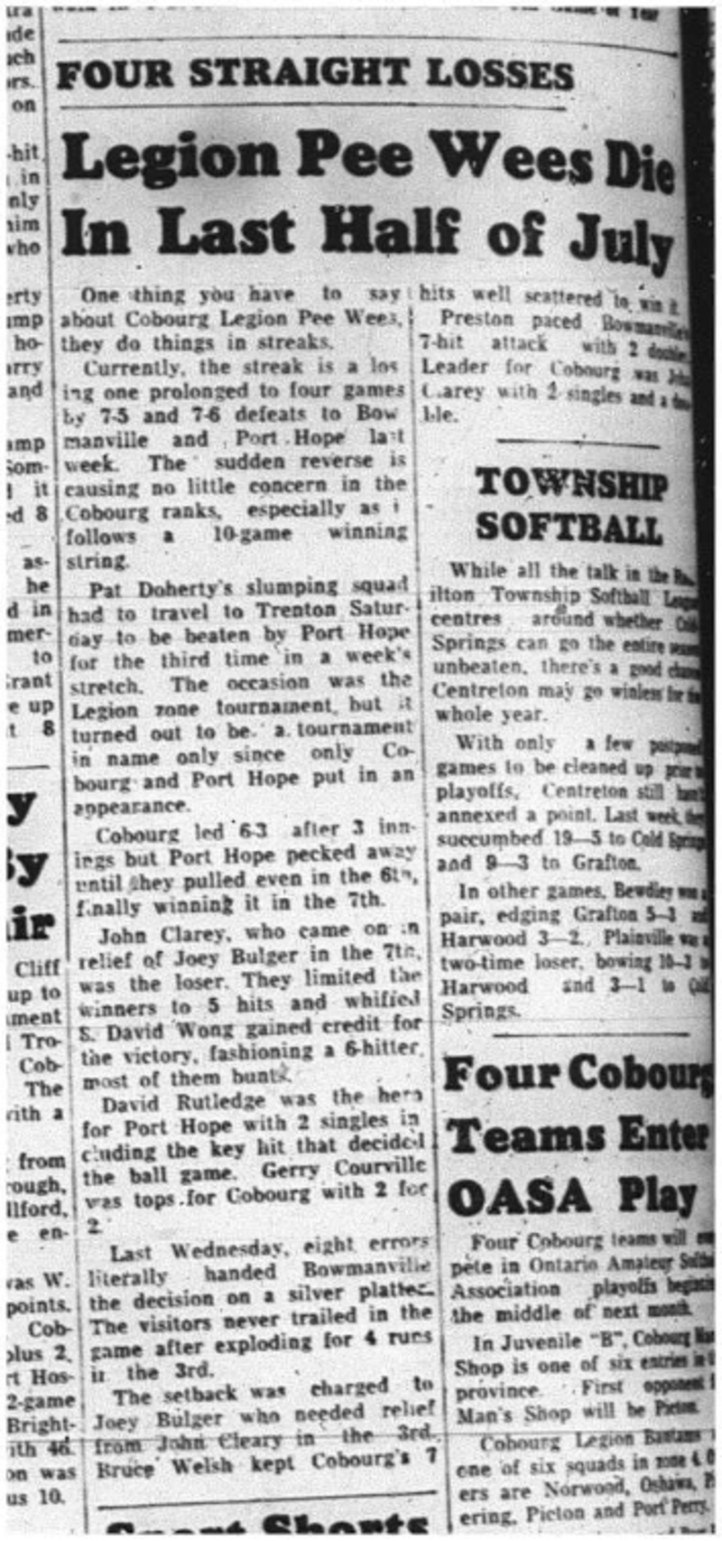 1964-07-29 Softball - Cobourg Legion Peewees - Bowmanville - Port Hope