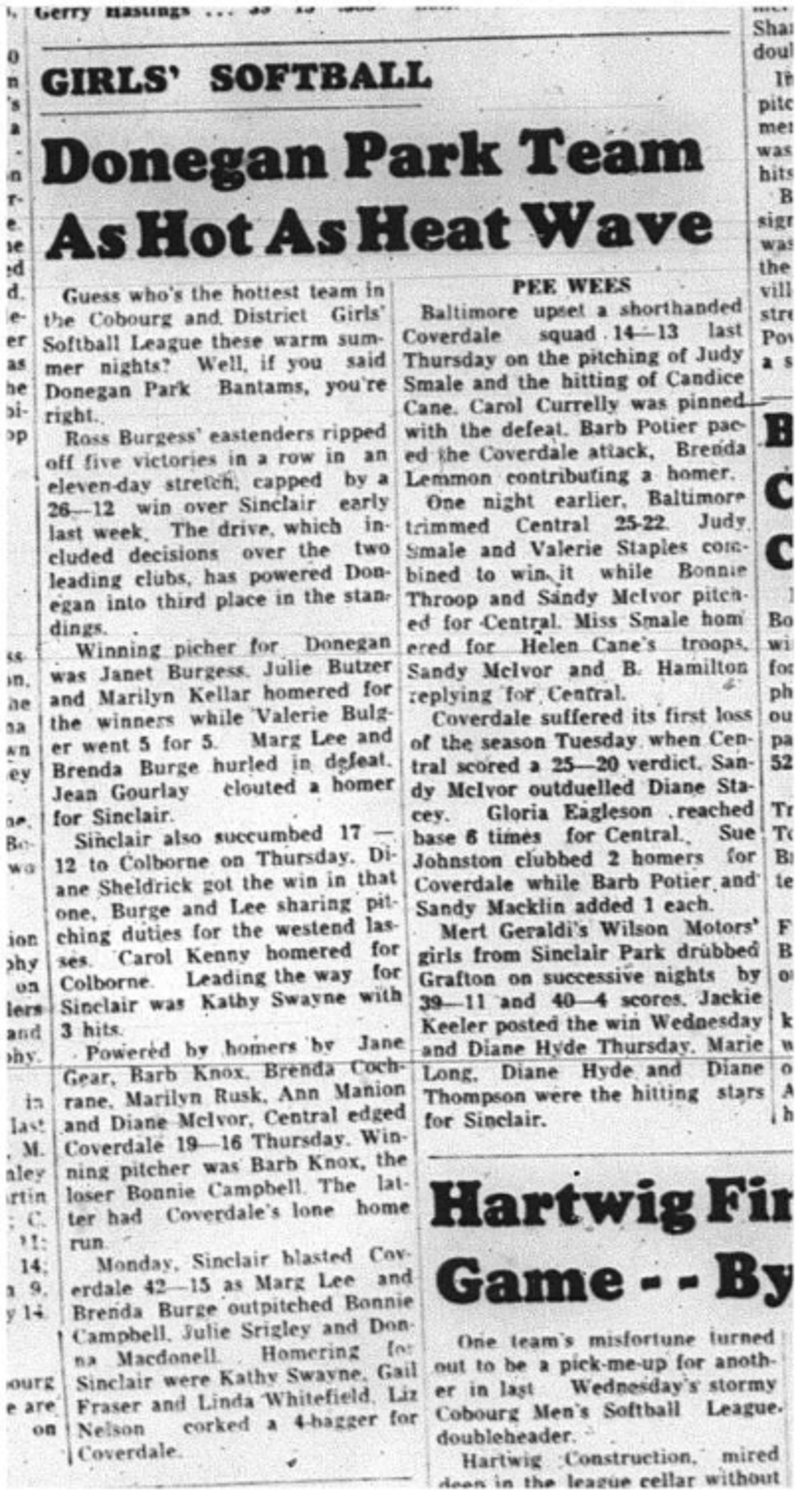 1964-07-29 Softball - Girls - Cobourg Vs. Sinclair