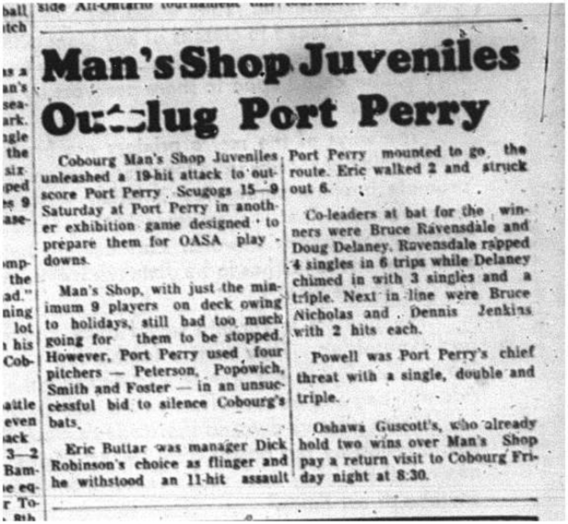 1964-07-29 Softball - Mens - Cobourg Mans Shop Juveniles Vs. Port Perry