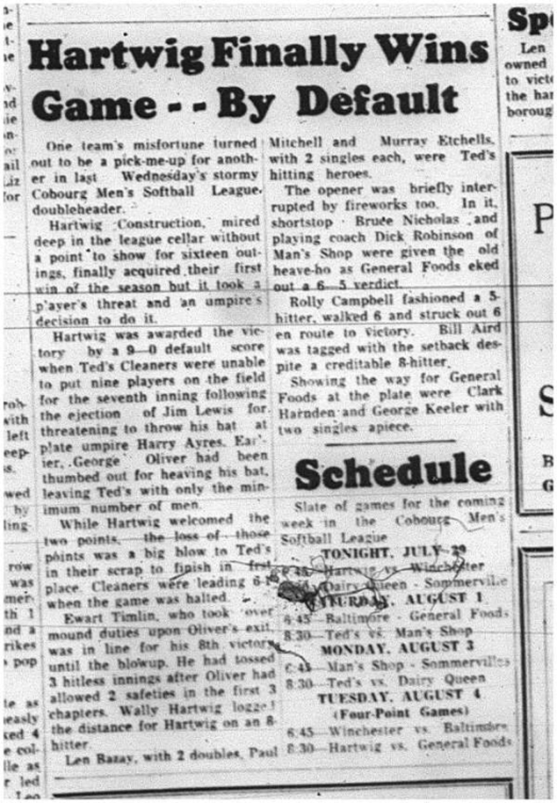 1964-07-29 Softball - Mens - Cobourg Vs. Hartwig