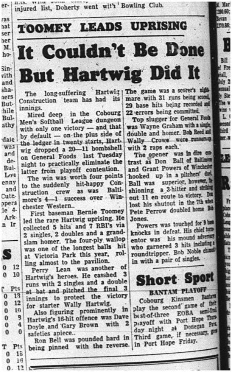 1964-08-12  Softball - Mens - Hartwig Construction - Cobourg Mens Softball League