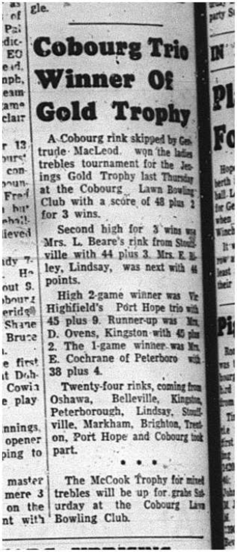 1964-08-12 Lawn Bowling - Ladies - Gold Trophy