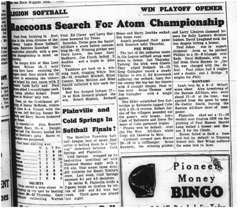 1964-08-12 Softball - Boys - Squirts - Peewees - Bantams - Team Standings