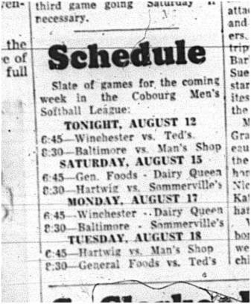 1964-08-12 Softball - Mens - Schedule - Cobourg Mens Softball League