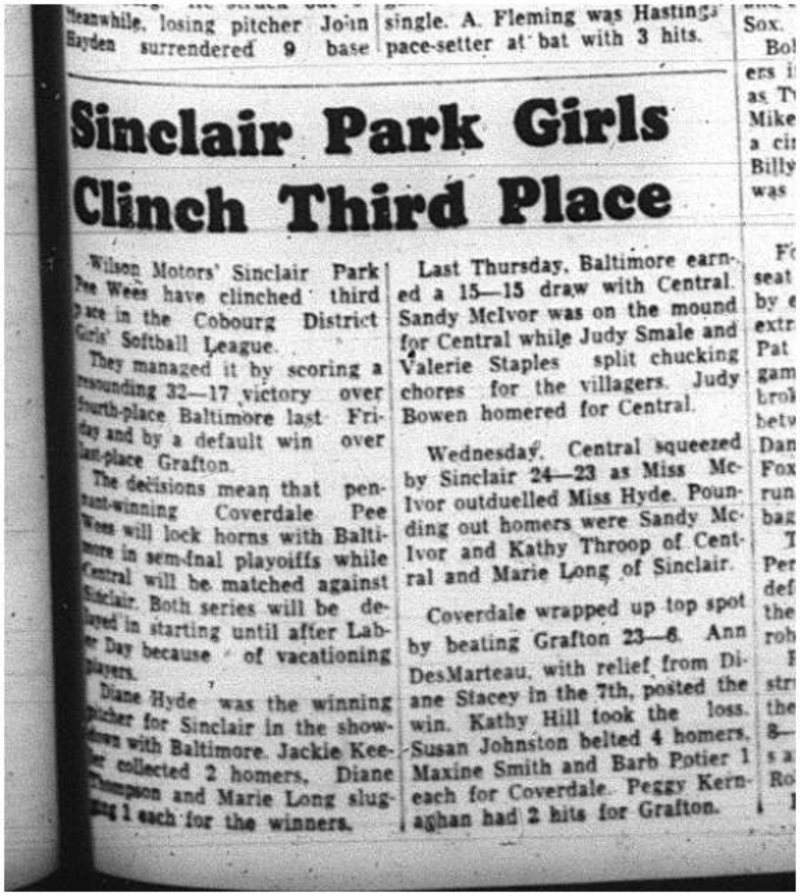 1964-08-19 Softball - Girls - Sinclair Park Peewees - Cobourg District Girls Softball League