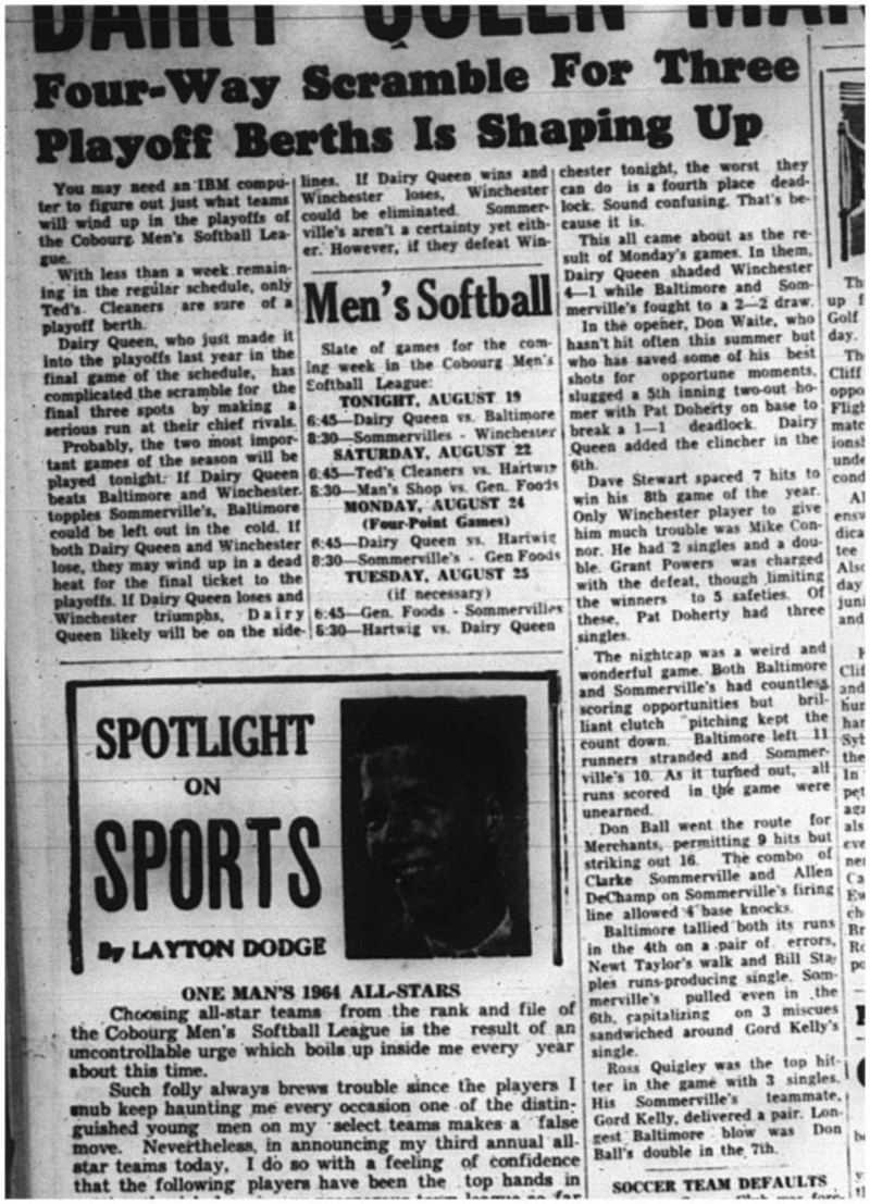 1964-08-19 Softball - Mens - Cobourg Mens Softball League - Playoffs