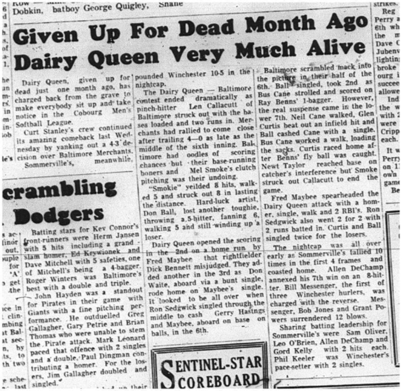 1964-08-26 Softball - Mens - Dairy Queen - Cobourg Mens Softball League