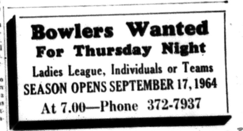 1964-09-02 Bowling - Cobourg Bowling Club - Bowlers Wanted - Ladies League - Individual - Teams