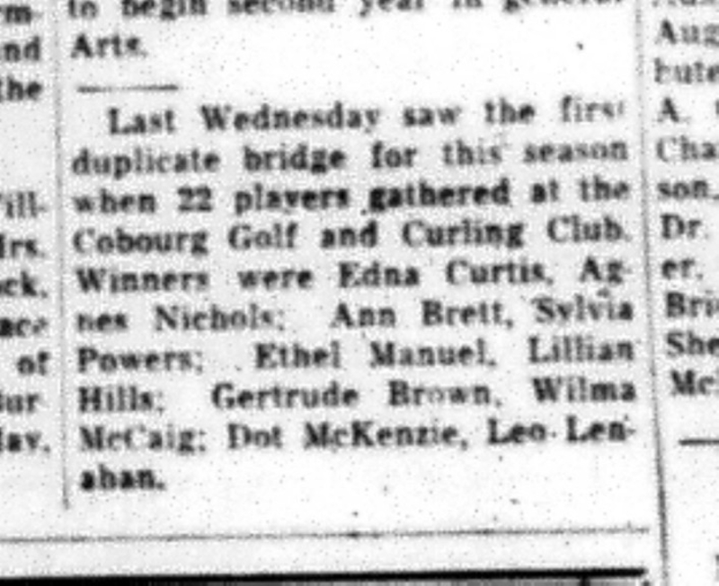 1964-09-02 Bridge - Cobourg Golf and Curling Club - Duplicate Bridge