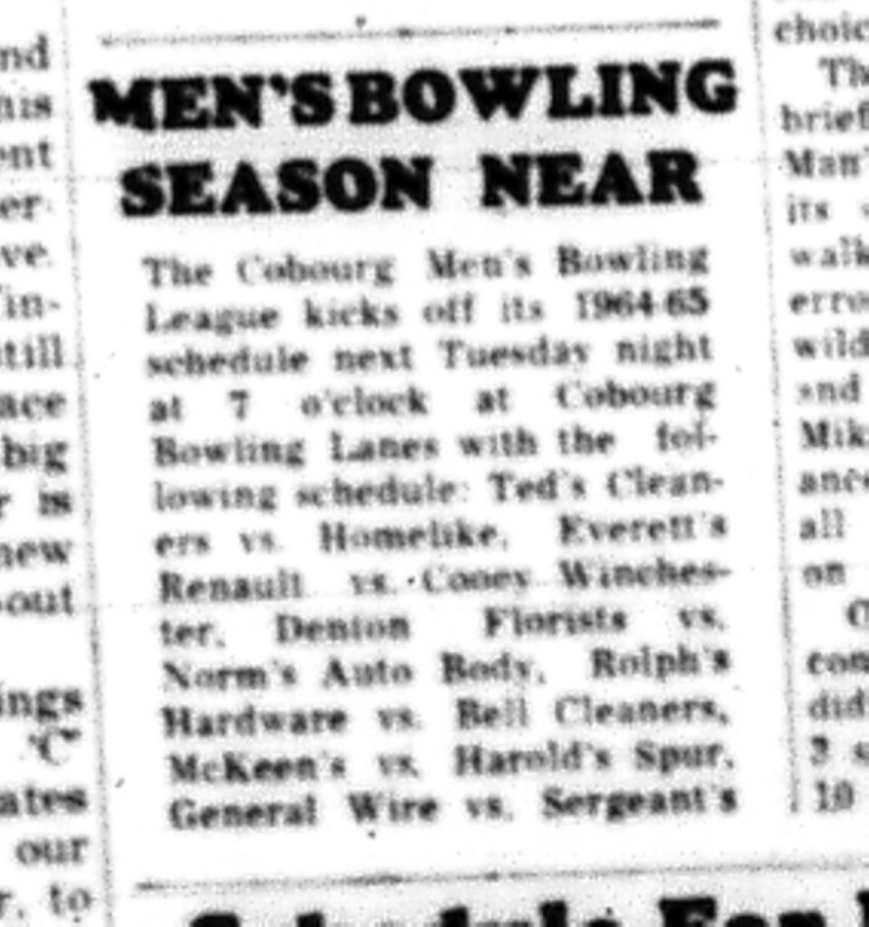 1964-09-09 Bowling - Mens - Cobourg Mens Bowling League - Starts