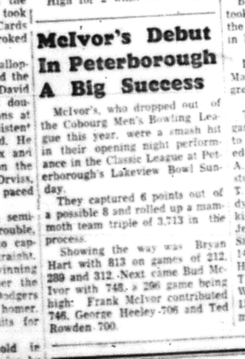 1964-09-16 Bowling - Mens - Cobourg Mens Bowling League - Mclvors
