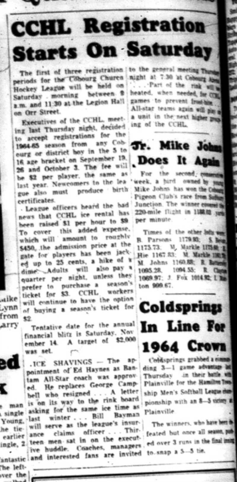 1964-09-16 Hockey - Boys - CCHL - Registration Starts