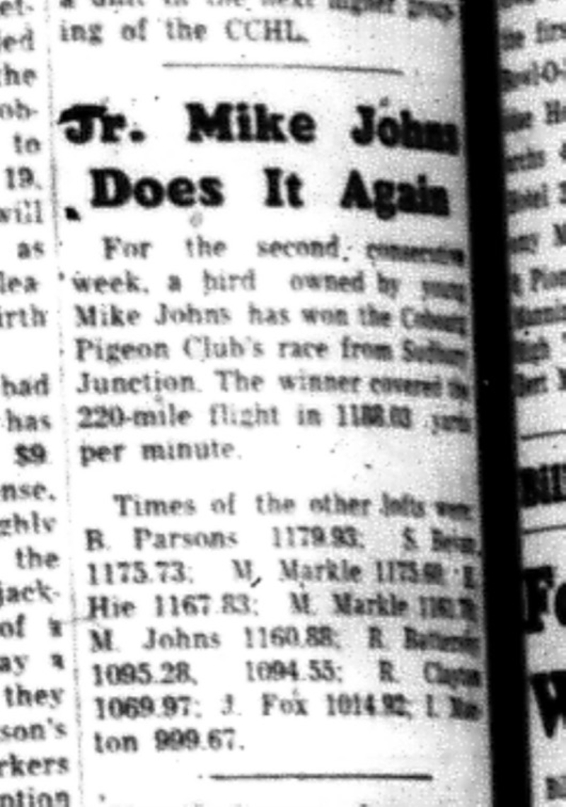 1964-09-16 Pigeon Racing - Mens - Cobourg Pigeon Club - Mike Johns