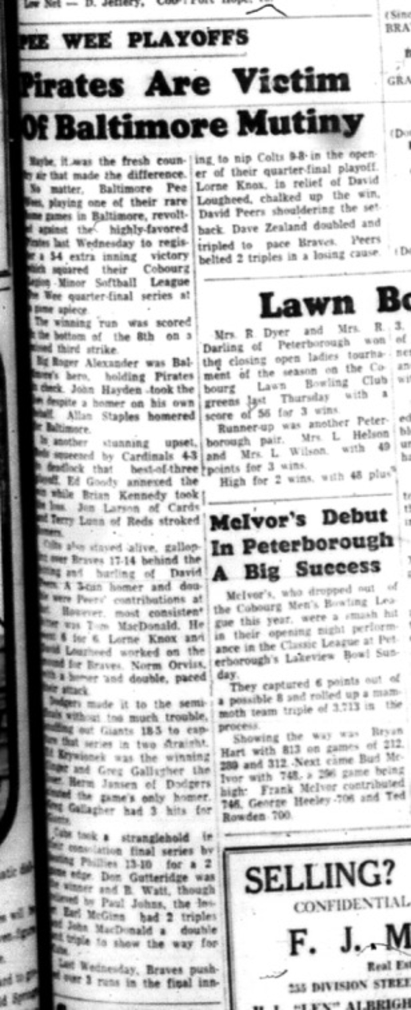 1964-09-16 Softball - Boys - Cobourg Legion Minor Softball League - Baltimore Vs. Pirates