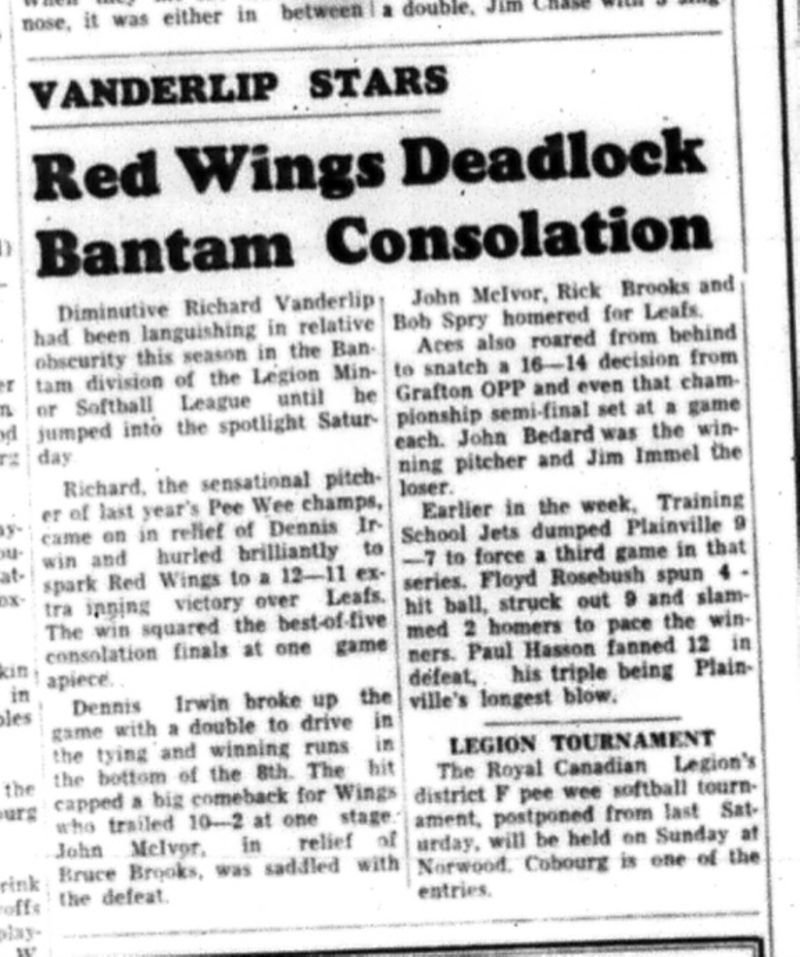 1964-09-16 Softball - Boys - Cobourg Legion Minor Softball League - Red Wings Vs. Bantams