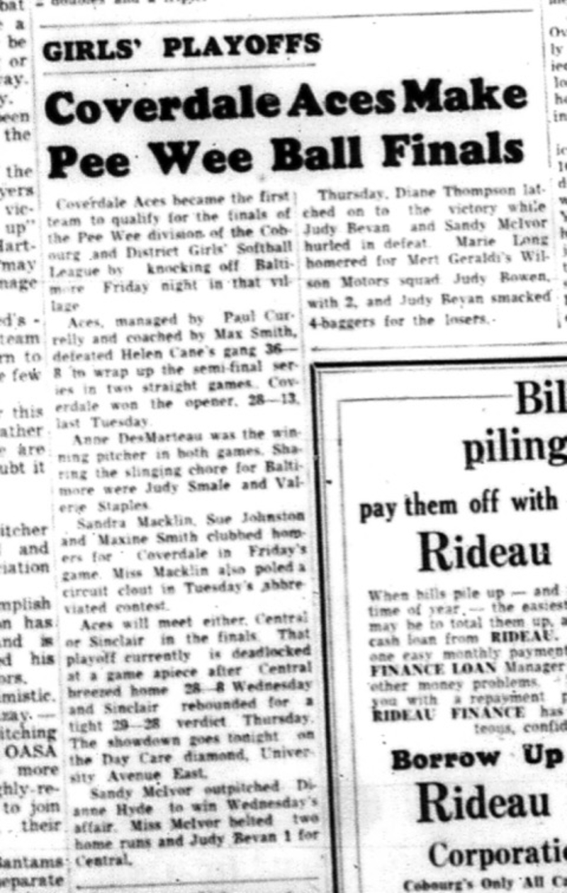 1964-09-16 Softball - Girls - Cobourg and District - Coverdale Aces - Peewee Ball Finals