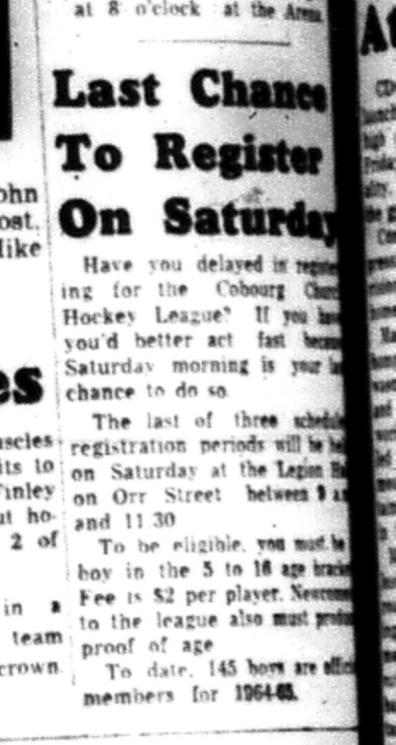 1964-09-30 Hockey - Boys - CCHL - Registration