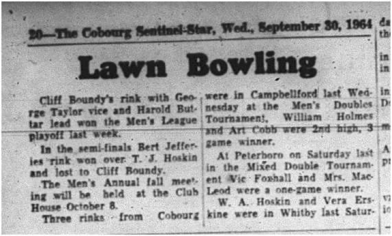 1964-09-30 Lawn Bowling - Mens - Cobourg Lawn Bowling Club
