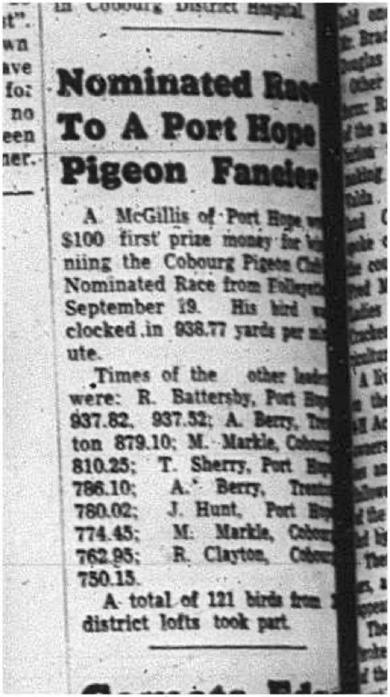 1964-09-30 Pigeon Racing - Mens - Cobourg Pigeon Club - Nominated Race