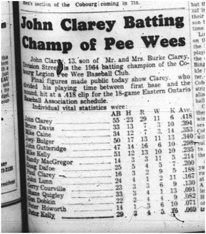 1964-10-07 Baseball - Boys - Cobourg Legion Peewee Baseball Club - John Clarey - Batting Champ