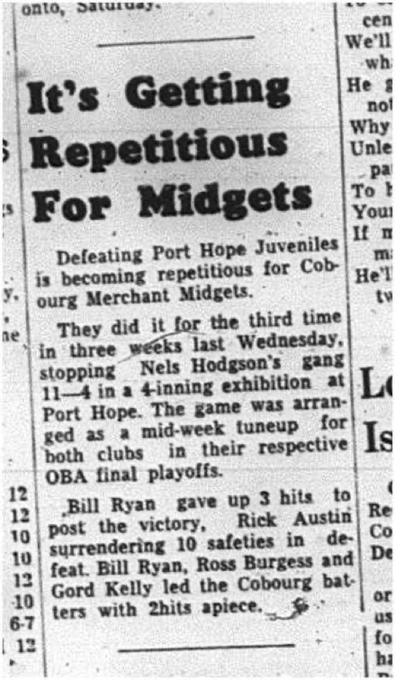 1964-10-07 Baseball - Boys - Cobourg Merchant Midgets 3 for 3 vs. Port Hope Juveniles