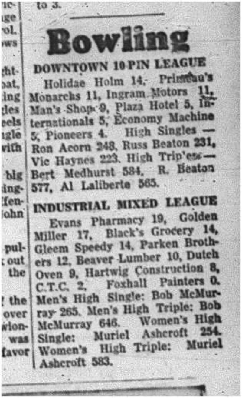 1964-10-07 Bowling - Cobourg Bowling Club - Dowton 10-Pin League - Industrial Mixed League