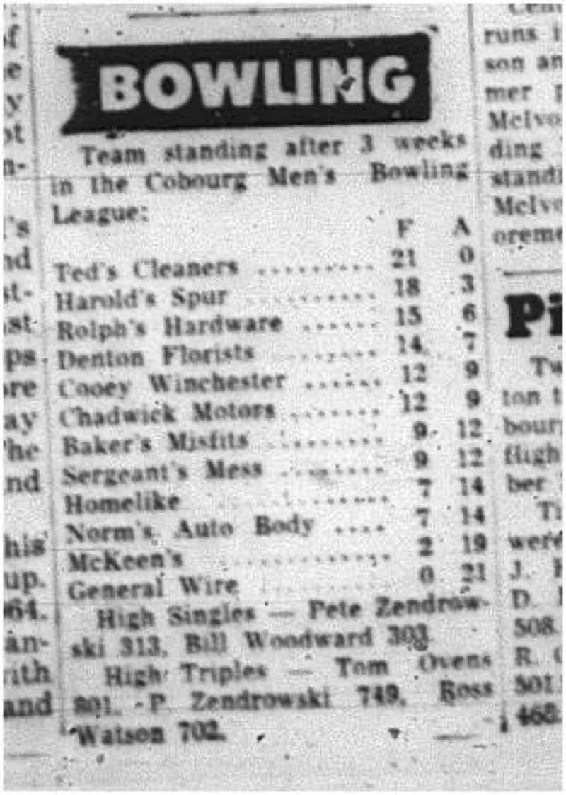 1964-10-07 Bowling - Mens - Cobourg Mens Bowling League - Team Standings - 3 Weeks