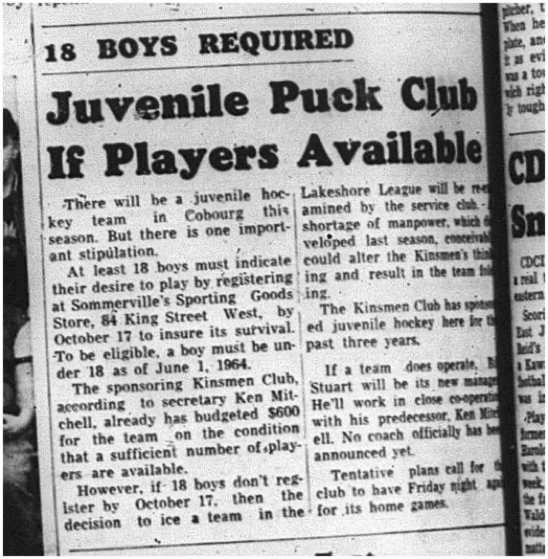 1964-10-07 Hockey - Boys - Juvenile Hockey Team - 18 Boys Required