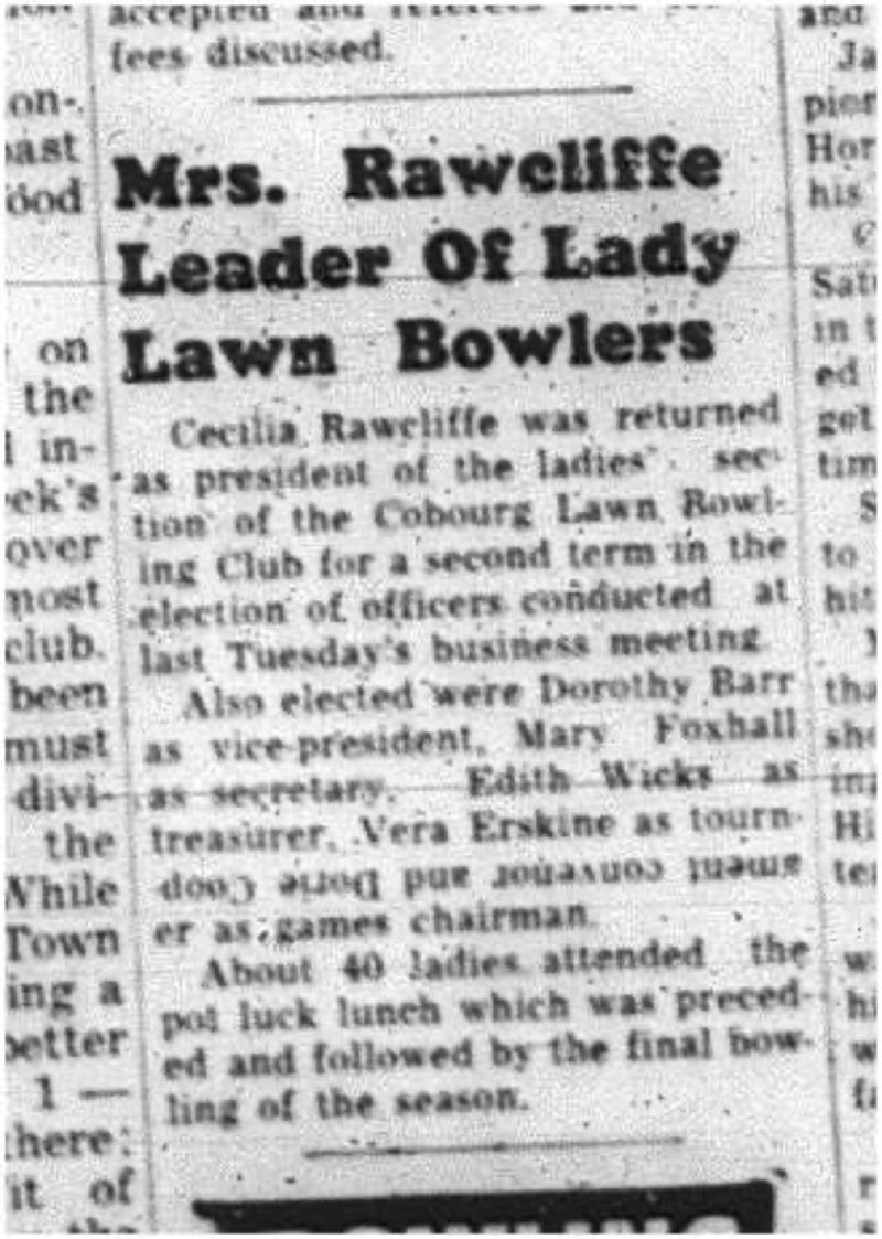 1964-10-07 Lawn Bowling - Ladies - Cobourg Lawn Bowling Club - Cecilia Rawcliffe - President