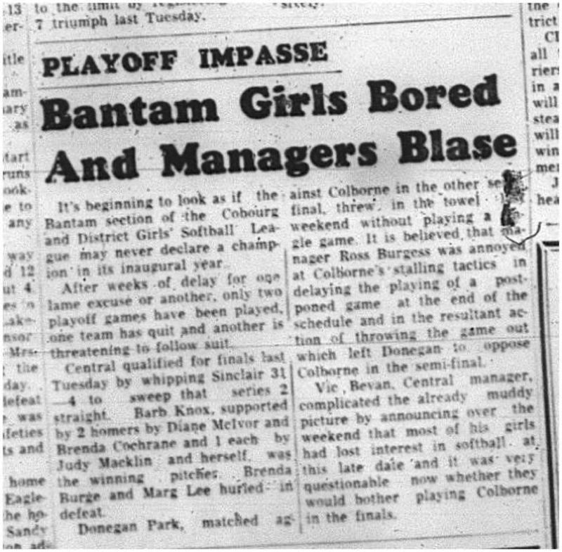 1964-10-07 Softball - Girls - Cobourg and District Girls` Softball League - Bantam