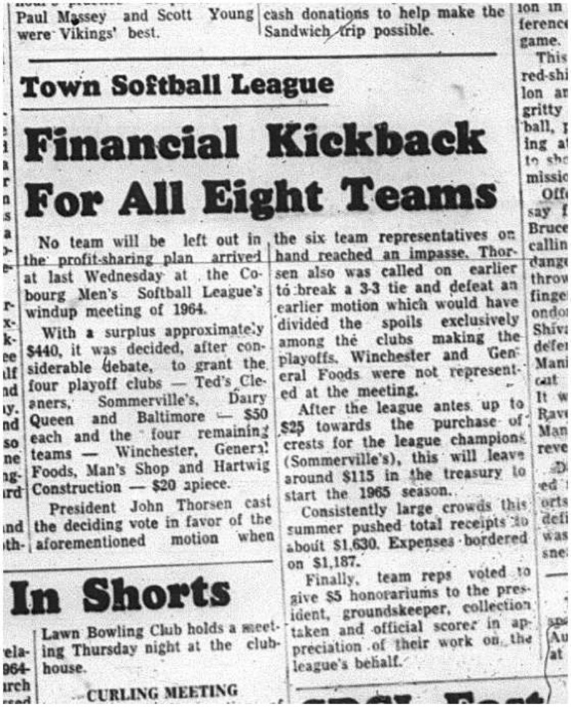 1964-10-07 Softball - Mens - Cobourg Mens Softball League - Financial Kickback