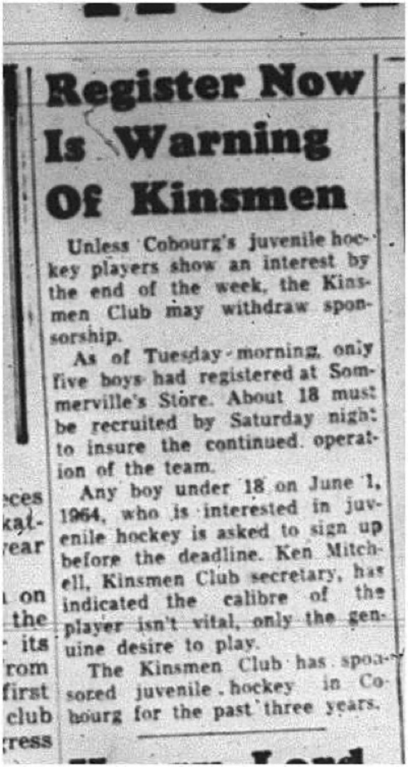 1964-10-14 Hockey - Boys - Cobourg Juvenile Hockey League - Kinsmen Club Withdraw
