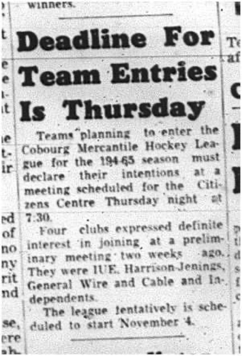 1964-10-14 Hockey - Boys - Cobourg Mercantile Hockey League - Team Entries Deadline