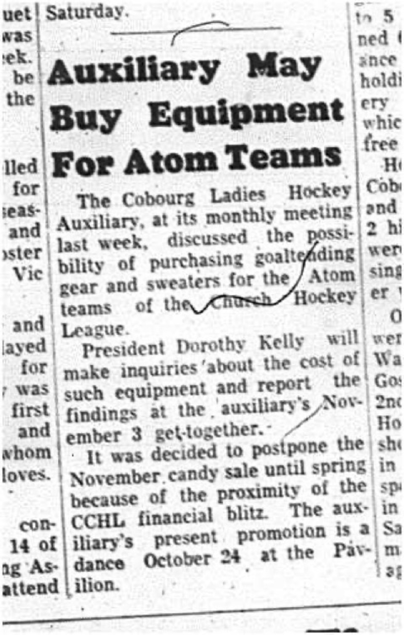 1964-10-14 Hockey - Ladies - Cobourg Ladies Hockey Auxiliary - Atom Teams - Equipment