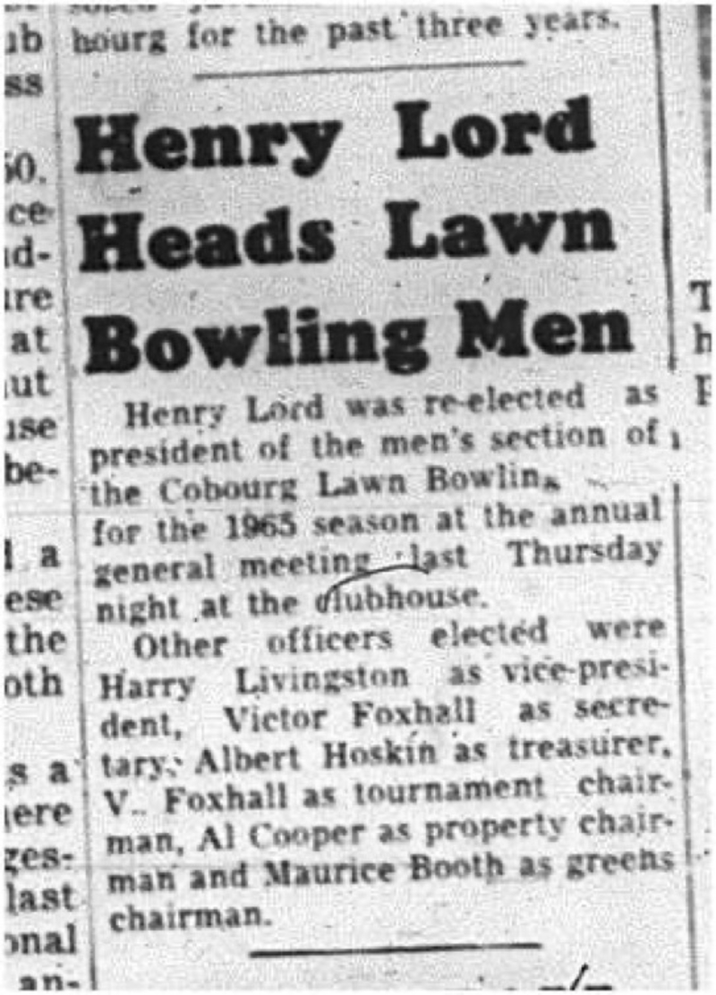 1964-10-14 Lawn Bowling - Mens - Cobourg Lawn Bowling Club - Henry Lord - President