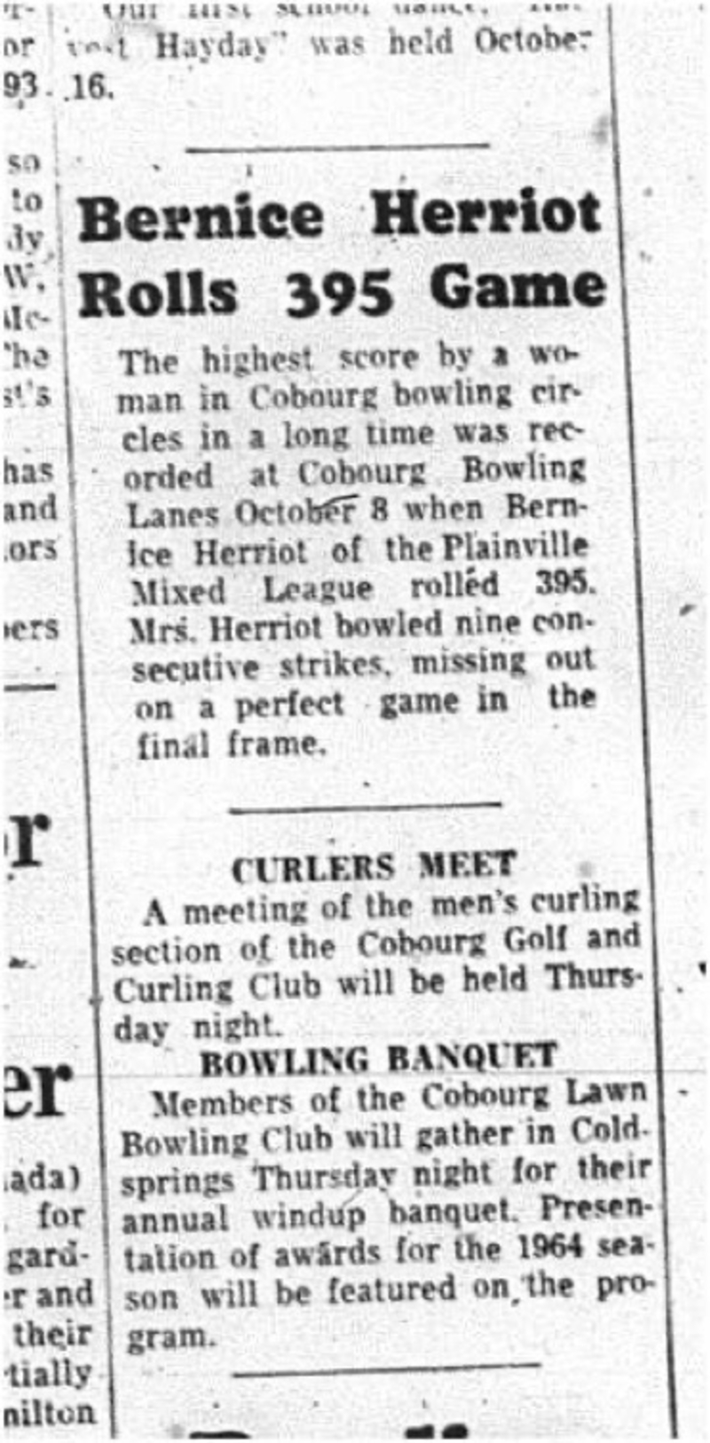 1964-10-21 Bowling - Mixed- Bernice Herriorot - Cobourg Golf and Curling Club