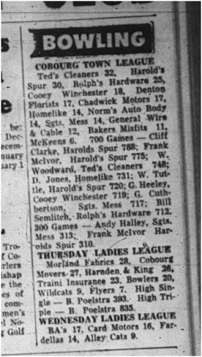 1964-10-21 Bowling - Mixed- Cobourg Town League - Thursday ladies League - Wednesday Ladies League
