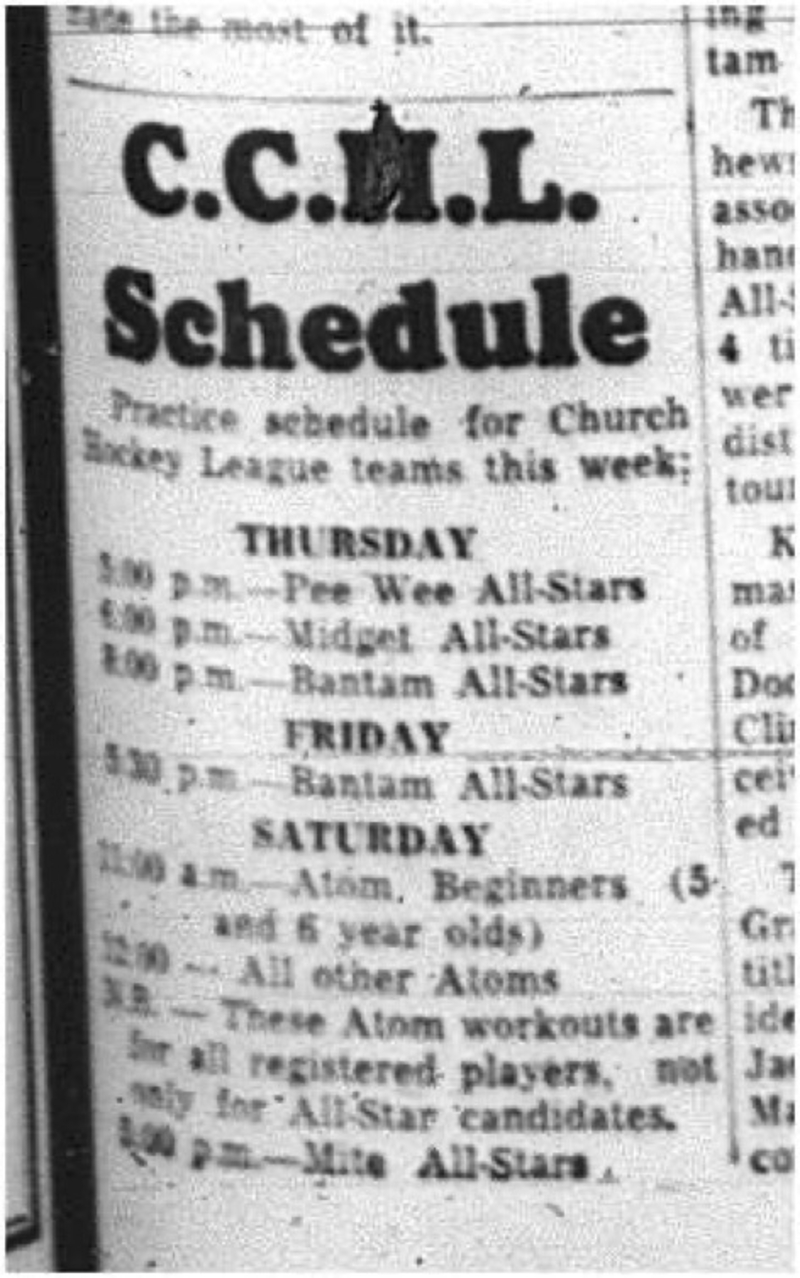 1964-10-21 Hockey - Boys - CCHL - Schedule