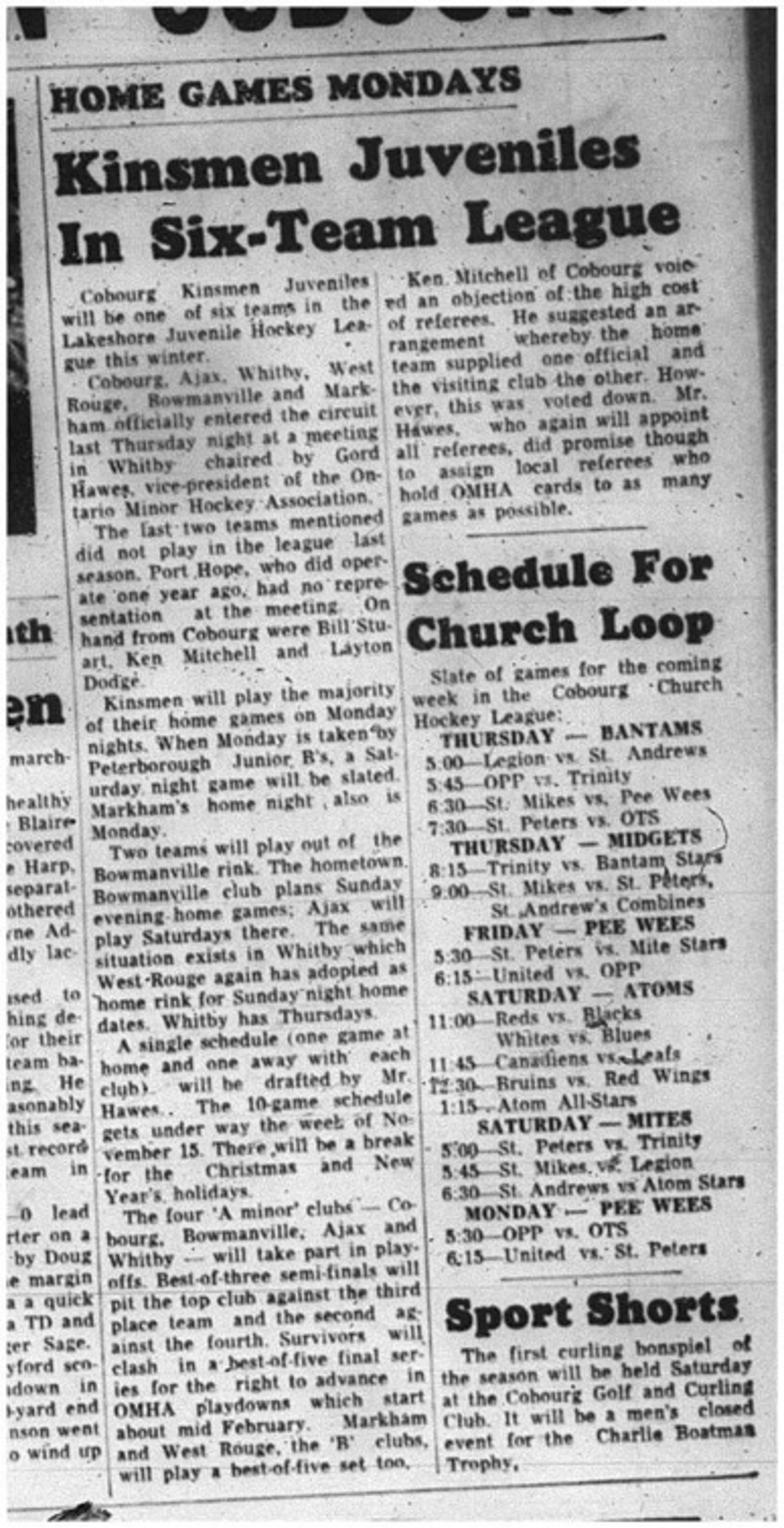 1964-11-04 Hockey - Boys - Cobourg Kinsmen Juveniles - Six-Team League