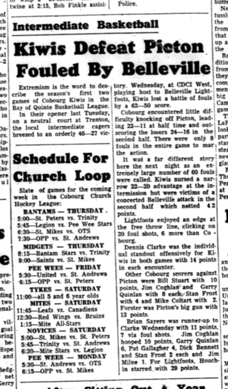 1964-11-25 Basketball - Cobourg Kiwis Vs. Picton - Bay of Quinte Basketball League